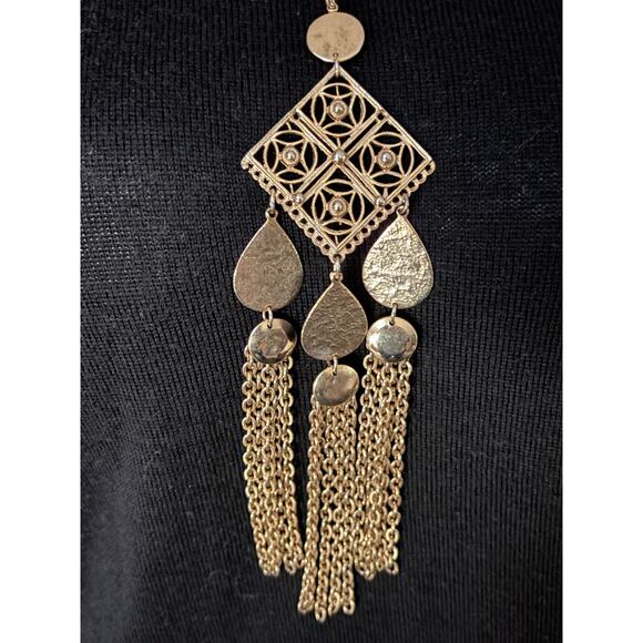 Gold Tone Thry-Tri Tassel Statement Necklace - Picture 6 of 8